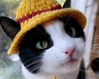 Handmade Crochet Cat Hat: Straw Hat Pirate Costume for Cats & Small Dogs