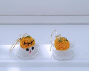 Micro Crochet Ghost Earrings, Pumpkin Dangle, Spooky Halloween Gift for Her