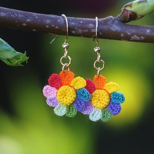 Micro Crochet Rainbow Daisy Earrings, Colorful Sunflower Dangle, Pride Gift