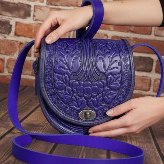 Purple Embossed Leather Saddle Purse Western Tooled Leather Saddle Purse – Genuine Leather – Your  main image 4