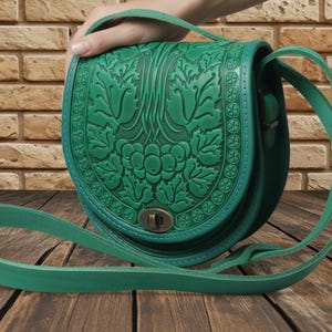 Emerald Green Leather Crossbody Bag, Hand-Tooled Floral Shoulder Purse