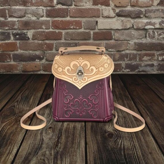Handmade Tooled Leather Mini Backpack – Beige and Burgundy  display picture 3
