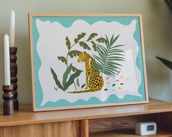 Lámina artística Leopardo en estado salvaje, póster turquesa para el hogar, arte animal de moda, decoración colorida para el hogar, letrero para la pared de la galería del dormitorio, obra de arte brillante