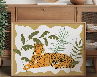 Lámina artística de tigre descansando, póster dorado para el hogar, arte moderno de animales salvajes, decoración neutra para el hogar, letrero artístico para la pared del dormitorio, obra de arte ecléctica