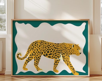 Lámina artística Leopardo en estado salvaje, póster verde bosque para el hogar, arte animal, decoración colorida para el hogar, letrero para pared de galería de dormitorio, obra de arte ecléctica