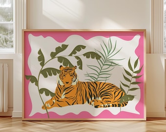 Lámina artística "Tigre en libertad", póster rosa para el hogar, arte animal de moda, decoración colorida para el hogar, letrero para la pared del dormitorio, obra de arte ecléctica.