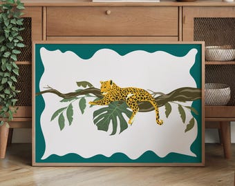 Lámina artística de leopardo en un árbol, póster verde bosque para el hogar, arte animal, decoración colorida para el hogar, letrero artístico para la pared del dormitorio, obra de arte ecléctica