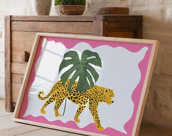 Lámina artística Leopardo en estado salvaje, póster rosa para el hogar, arte animal de moda, decoración colorida para el hogar, letrero para la pared de la galería del dormitorio, obra de arte ecléctica