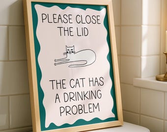 Lámina decorativa "Por favor, cierra la tapa", póster divertido de gato, decoración de pared para el baño, decoración original para el hogar, cartel para la pared de la galería de mascotas, cita humorística para el baño.