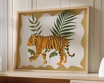 Lámina artística "Tigre en estado salvaje", póster dorado para el hogar, arte animal de moda, decoración neutra para el hogar, letrero para la pared de la galería del dormitorio, obra de arte ecléctica