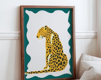 Lámina artística de leopardo salvaje, póster verde bosque para el hogar, arte animal, decoración colorida para el hogar, letrero artístico para la pared del dormitorio, obra de arte ecléctica