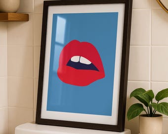 Lámina artística de labios rojos, póster azul para el hogar, arte moderno y elegante, decoración retro para el hogar, letrero artístico para la pared del dormitorio, obra de arte femenina