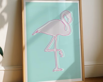 Lámina de arte pop de flamencos, póster para el hogar en menta y rosa, arte animal de moda, decoración colorida para el hogar, letrero de arte para la pared del dormitorio, obra de arte brillante