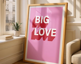 Lámina artística Big Love Shadow, póster tipográfico colorido, arte mural para sentirse bien, decoración del hogar impactante, letrero rosa para pared de galería, cita maximalista