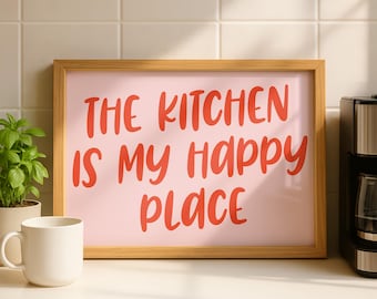 Lámina decorativa "La cocina es mi lugar feliz", póster colorido, arte para la pared de la cocina, decoración original para el hogar, galería de fotos de comida, letrero de chef, arte culinario.