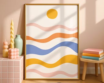 Lámina artística de sol y olas, póster neutro para el hogar, póster abstracto en crema, decoración caprichosa para el hogar, letrero de galería, obra de arte moderna