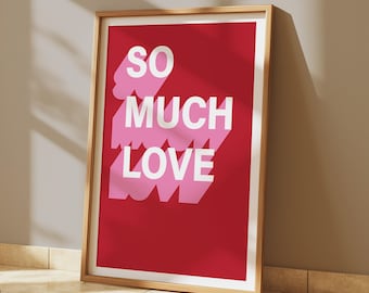Lámina artística "Mucho amor", póster tipográfico colorido, arte mural para sentirse bien, decoración del hogar impactante, letrero rojo para pared de galería, cita maximalista