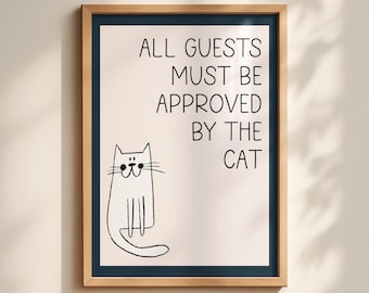 Lámina decorativa "Los invitados deben ser aprobados", póster divertido de gato, arte para la pared del baño, decoración original para el hogar, letrero para la pared de la galería de mascotas, arte humorístico para el pasillo.