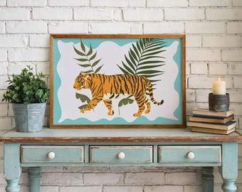Lámina artística "Tigre en libertad", póster turquesa para el hogar, arte animal de moda, decoración colorida para el hogar, letrero para la pared del dormitorio, obra de arte ecléctica.