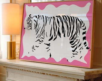 Lámina artística de tigre monocromático, póster rosa para el hogar, arte animal de moda, decoración colorida para el hogar, letrero artístico para la pared del dormitorio, obra de arte ecléctica