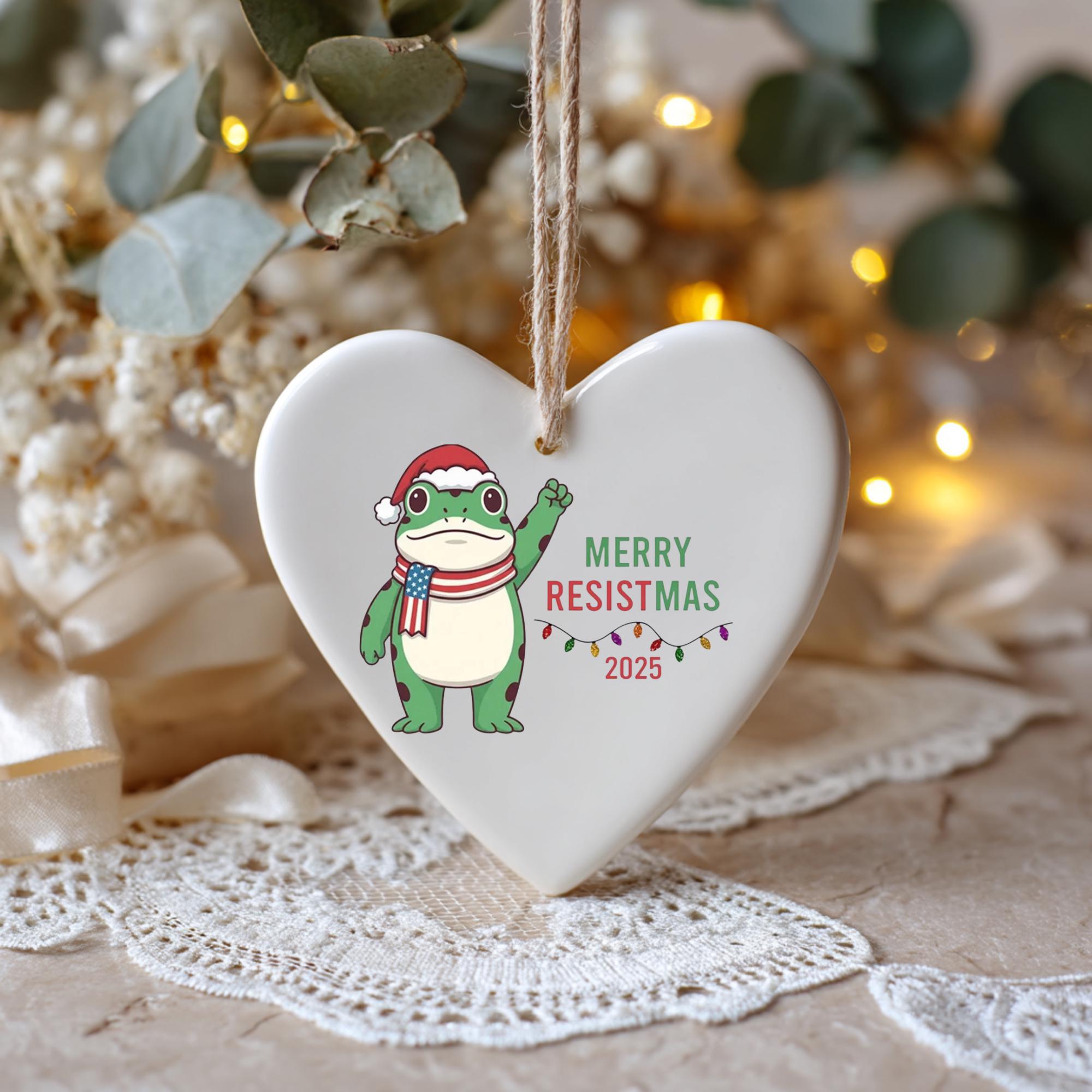 Resistmas Rabbit Merry Resistmas 2025 Ceramic Ornament, Funny Political Frog Christmas ...