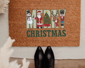 Merry Christmas Script Doormat Flocked Coir Welcome Mat Holiday Decor for Entryway