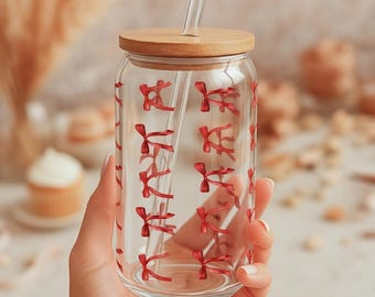 Bow Print Glass Cup, Cute Bows Iced Coffee Cup, Gift For Her Glass Can, Aesthetic Bow Tumbler, Bows Drinkware, Cute Girly Glass Cup