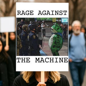 May include: A protest sign with the words "RAGE AGAINST THE MACHINE" in bold, black capital letters. The sign features an image of a frog costume facing a line of police officers. The sign is held up in a crowd.