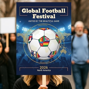 Könnte beinhalten: Ein Plakat, das für das Global Football Festival wirbt, mit einem Fußball, der mit internationalen Flaggen verziert ist. Der Text lautet "Global Football Festival" und "United by the Beautiful Game". Das Jahr 2026 und "Nordamerika" sind ebenfalls angegeben.