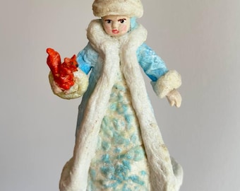 Handcrafted spun cotton holiday ornament: The Snow Maiden (Snegurochka)
