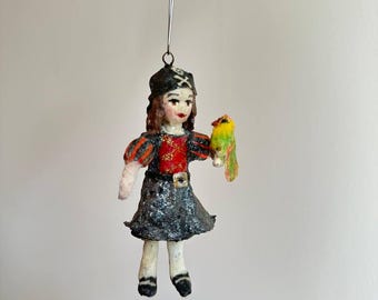 Handmade cotton Christmas ornament: Pirate Girl with Parrot