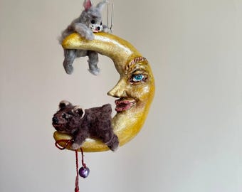 Handmade Christmas ornament: Puppy and White Bunny on the Moon