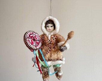 Handmade Spun Cotton Christmas ornament: Yakut Girl with a Drum