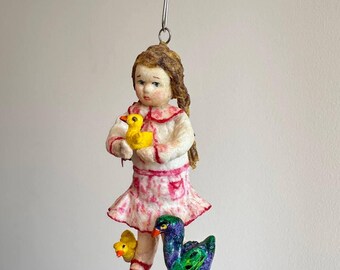 Handmade cotton Christmas ornament: Girl with Goose and Duckling