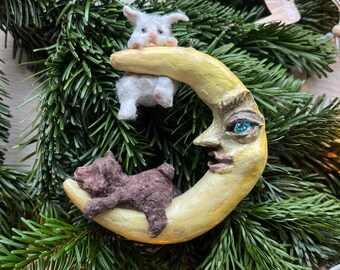 Handmade Christmas ornament: Puppy and White Bunny on the Moon