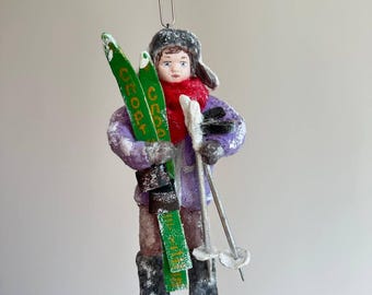 Vintage-inspired Christmas ornament, handcrafted spun cotton holiday figurine: Skier Boy