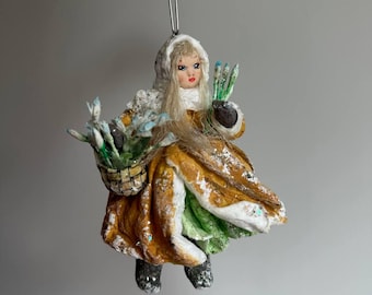 Handcrafted spun cotton Christmas ornament : Girl with snowdrops