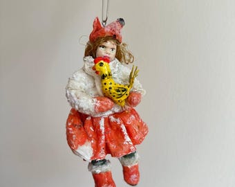 Handcrafted Spun Cotton Christmas ornament: Little Fox Girl with a Rooster