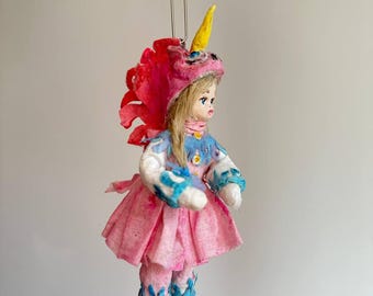 Spun cotton Christmas ornament – handmade vintage-style cotton batting tree decoration: Unicorn Girl