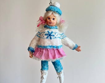 Handmade spun cotton Christmas ornament : Girl on Ice Skates