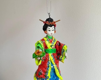 Handcrafted Spun Cotton Christmas ornament: Japanese Geisha in Kimono with Lotus Flower