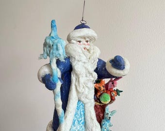 Cotton-wool Christmas ornament, handcrafted spun cotton holiday figurine: Father Frost (Ded Moroz)