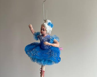 Cotton-wool Christmas ornament, handcrafted spun cotton holiday figurine: Ballerina in Blue Tutu