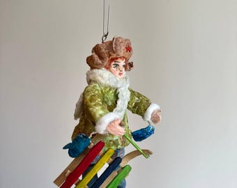 Handcrafted spun cotton Christmas ornament : Little Boy with Sleds