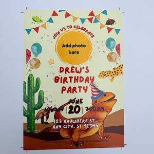 May include: A birthday party invitation featuring a cartoon lizard wearing a party hat. The invitation includes the text "DREW'S BIRTHDAY PARTY" and event details. The design features a cactus, balloons, and colourful banners.