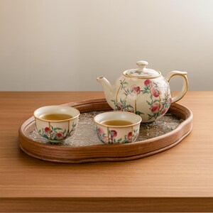Pode incluir: Um conjunto de ch&aacute; com um design floral, incluindo uma chaleira e duas ch&aacute;venas, est&aacute; sobre uma bandeja de madeira. A chaleira e as ch&aacute;venas s&atilde;o brancas com padr&otilde;es florais rosa e verde e acabamentos dourados. A bandeja tem uma moldura de madeira e uma superf&iacute;cie met&aacute;lica decorativa.