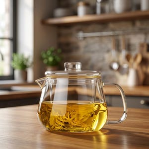 May include: A clear glass teapot with a matching lid and a built-in infuser basket. The teapot has a wide base, a short spout, and a curved handle. It is filled with a golden yellow liquid containing loose tea leaves visible through the glass.