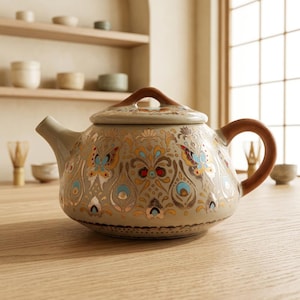 May include: A ceramic teapot with a light beige base, featuring a detailed pattern of butterflies and floral motifs in shades of blue, red, and gold. The teapot has a rounded body, a curved handle, a short spout, and a lid with a brown handle.