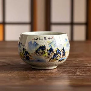 May include: A white ceramic tea cup with a landscape design. The cup features a mountain and water scene in blue, green, and yellow hues. The cup has a crackle glaze and Chinese characters.
