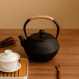 May include: A black cast iron teapot with a textured surface and a woven handle. The teapot has a curved spout and a lid with a small knob. A white teacup and saucer sit on a wooden tray.